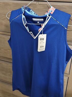 Pebble Beach Royal Blue Sleeveless Performance Top with Coral & White Trim